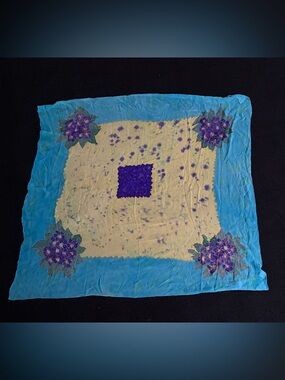 Silk Blue and Cream Floral Square Scarf with Purple Accents